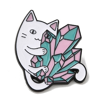 Cat & Crystal Cluster Theme Enamel Pins, Black Alloy Badge for Backpack Clothes, White, 30x25x1.5mm