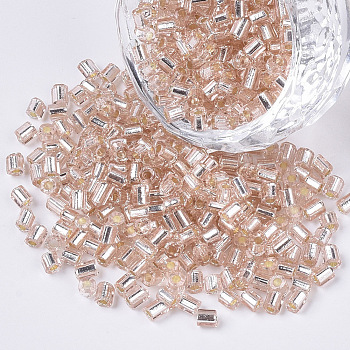 6/0 Glass Bugle Beads, Silver Lined, Misty Rose, 3.5~5x3.5~4mm, Hole: 1mm, about 4500pcs/bag