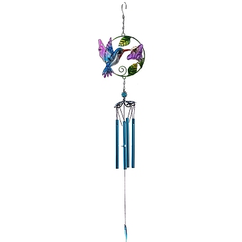 Bird Glass Wind Chime, Iron Art Pendant Decoration, with Tube, for Home Yard Balcony Outdoor, Dodger Blue, 780x160mm