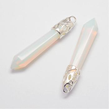 Opalite Big Pointed Pendants, with Alloy Findings, Bullet, Platinum, 57~63x13x10mm, Hole: 3x4mm