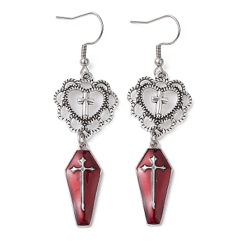 Alloy Enamel Heart & Cross Dangle Earrings, Halloween Theme Long Drop Earrings for Women, Red, 68x20mm