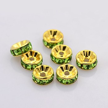 Brass Rhinestone Spacer Beads, Grade AAA, Straight Flange, Nickel Free, Golden Metal Color, Rondelle, Peridot, 8x3.8mm, Hole: 1.5mm