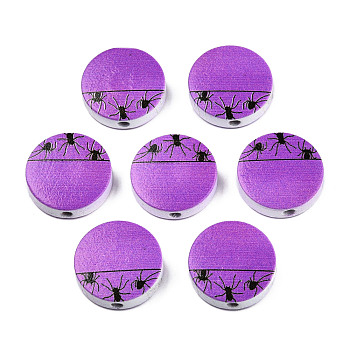 Halloween Printed Natural Wood Beads, Flat Round with Spider Pattern, Dark Orchid, 19~20x5.9mm, Hole: 2~2.2mm