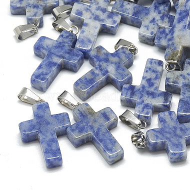 Stainless Steel Color Cross Blue Spot Jasper Pendants