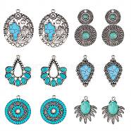12Pcs 6 Styles Synthetic Turquoise Pendants, with Aolly Findings, Cadmium Free & Nickel Free & Lead Free, Flat Round & Teardrop & Oval & Fan & Fish & Flower, Antique Silver, 29~44x23~31x2.5~6mm, Hole: 2mm, 2pcs/style(FIND-SZ0005-73)