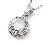 201 Stainless Steel Cable Chain Necklaces, Brass Clear Cubic Zirconia Flat Round Pendant Necklaces, Stainless Steel Color, 15.75 inch(40cm)(NJEW-L124-003P)