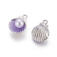 Alloy Enamel Pendants, with Acrylic Pearl Beads, Shell, Platinum, Blue Violet, 15x11.5x7mm, Hole: 1.4mm(PALLOY-F224-03P-05)