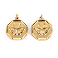 316 Surgical Stainless Steel Pendants, with Jump Rings, Hexagon with Butterfly, Real 14K Gold Plated, 18x15x2.5mm, Jump Ring: 3.8x0.5mm, 2.8mm inner diameter(STAS-S116-124G)