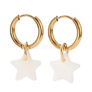 Vacuum Plating 304 Stainless Steel Huggie Hoop Earrings, with Natural Shell, Star, Seashell Color, Golden, 25mm, Pin: 1mm(EJEW-JE04403-01)