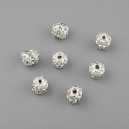 Silver Color Plated Brass Rhinestone Beads, Clear, Round, about 8mm in diameter, hole: 1mm(RSB229-01)