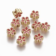 Brass Enamel Beads, Long-Lasting Plated, Flower, Real 18K Gold Plated, Red, 7x3.3mm, Hole: 1.6mm(KK-L179-05F)