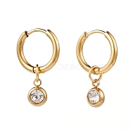 304 Stainless Steel Huggie Hoop Earrings, with Rhinestone Birthstone Charms, Flat Round, Crystal, Golden, 22mm, Pin: 1mm(EJEW-JE04449-01)