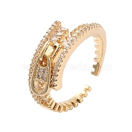 Brass Micro Pave Cubic Zirconia Open Cuff Rings, Zipper, Clear, Inner Diameter: 18mm(RJEW-K263-24KCG-02)