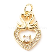 Brass Micro Pave Clear Cubic Zirconia Pendants, Cadmium Free & Lead Free, Heart with Double Swans, Real 18K Gold Plated, 24x12.5x3.5mm, Hole: 3.5mm(X-ZIRC-P094-07G-RS)