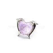 Natural Amethyst Heart Adjustable Rings, Platinum Brass Ring, US Size 8(18.1mm)(PW-WG76432-01)