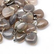 Heart Natural Grey Agate Pendants, with Platinum Tone Brass Findings, 17~19x15~16x5~8mm, Hole: 2x7mm(G-Q371-04)