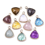 Natural & Synthetic Mixed Gemstone/Glass Charms, with Light Gold Plated Brass Edge and Loop, Triangle, Faceted, Mixed Color, 14x11x4mm, Hole: 1.5mm(G-N326-48)