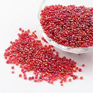 Round Trans. Colors Rainbow Glass Seed Beads, Red, 
Size: about 2mm in diameter, hole:1mm, about 3306pcs/50g(X-SEED-A007-2mm-165)