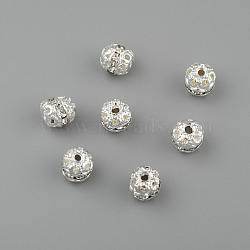 Silver Color Plated Brass Rhinestone Beads, Clear, Round, about 8mm in diameter, hole: 1mm(RSB229-01)
