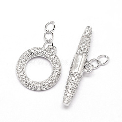Brass Micro Pave Cubic Zirconia Ring Toggle Clasps, Cadmium Free & Nickel Free & Lead Free, Real Platinum Plated, toggle: 16x14x2mm, Hole: 3x2mm, Bar: 6x26x4mm, Hole: 3x2mm.(ZIRC-E010-24P)