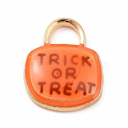 Alloy Enamel Pendants, Padlock with Word Trick or Treat Charm, for Halloween, Orange Red, 17x14.5x3mm, Hole: 3.5x5mm(X-ENAM-M055-21G)