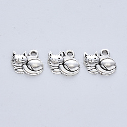 Tibetan Style Alloy Kitten Pendants, Cadmium Free & Lead Free, Cat with Roll Over Shape, Antique Silver, 13x14x3mm, Hole: 2mm, about 625pcs/500g(TIBE-R316-062AS-RS)