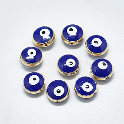 Alloy Beads, with Enamel, Flat Round with Evil Eye, Light Gold, Blue, 10x6mm, Hole: 1.2mm(X-ENAM-S117-09)