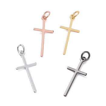 Brass Pendants, Long-Lasting Plated, Cross, Real 18K Gold Plated, Mixed Color, 23x10.5x0.6mm, Hole: 3.2mm