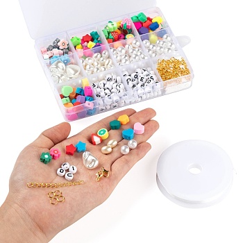 DIY Bracelet Jewelry Making Kits, 345Pcs Flower & Geometry Polymer Clay & Imitation Pearl Acrylic Beads, Zinc Alloy Lobster Claw Clasps & Elastic Crystal Thread and Iron Findings, Mixed Color, Beads: 345pcs/box