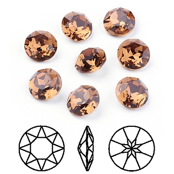 Pointed Back & Back Plated Glass Rhinestone Cabochons, Grade A, Faceted, Flat Round, Light Smoked Topaz, 8x4.5mm