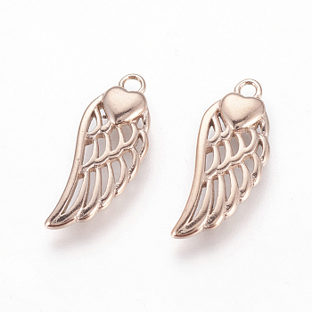 316 Surgical Stainless Steel Pendants, Wings with Heart, Rose Gold, 20x8x2.5mm, Hole: 1.6mm