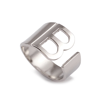 304 Stainless Steel Initial Letter B Open Cuff Rings for Women, Stainless Steel Color, Inner Diameter: 17.6mm