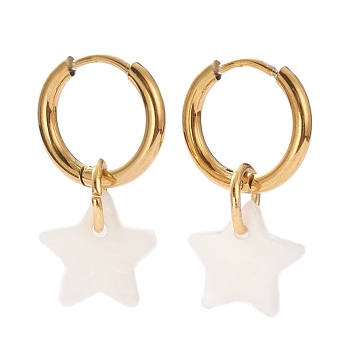Vacuum Plating 304 Stainless Steel Huggie Hoop Earrings, with Natural Shell, Star, Seashell Color, Golden, 25mm, Pin: 1mm