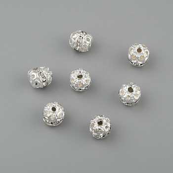 Silver Color Plated Brass Rhinestone Beads, Clear, Round, about 8mm in diameter, hole: 1mm