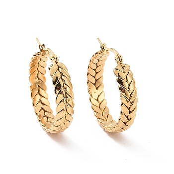 Ion Plating(IP) 304 Stainless Steel Hoop Earrings, Hypoallergenic Earrings, Textured, Ring with Olive Branch Pettern, Real 24K Gold Plated, 32x30x7mm, Pin: 18x0.8~1mm