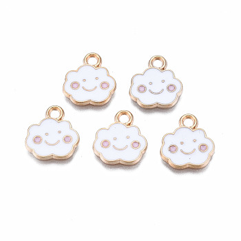 Alloy Enamel Charms, Cloud, with Smile Face, Light Gold, White, 13x12x1mm, Hole: 1.8mm