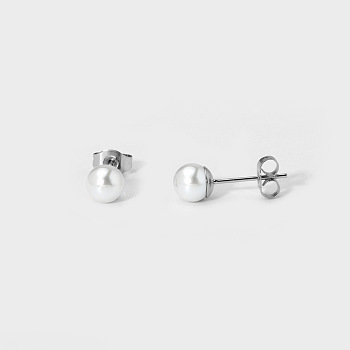 Elegant Titanium Steel Imitation Pearl Stud Earrings, Round, Silver