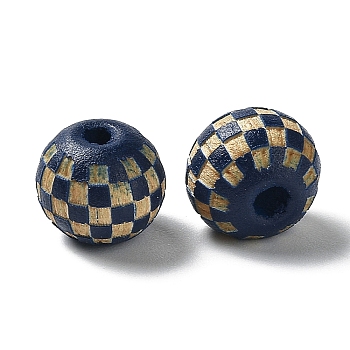 Wood Laser Engraved Tartan Beads, Round, Dyed, for DIY Craft, Marine Blue, 9.5~10x8.5mm, Hole: 3mm