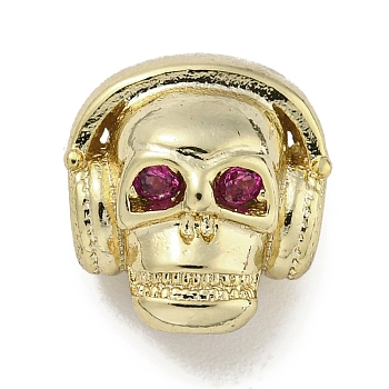 Brass Micro Pave Camellia Cubic Zirconia Beads, Skull, Real 18K Gold Plated, 13x11.5x7mm, Hole: 2.5mm