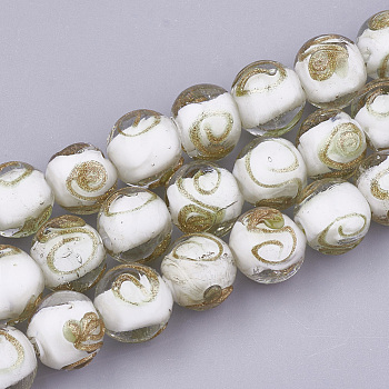 Handmade Gold Sand Lampwork Beads, Round, White, 11.5~12.5x11~12mm, Hole: 1.5~2mm