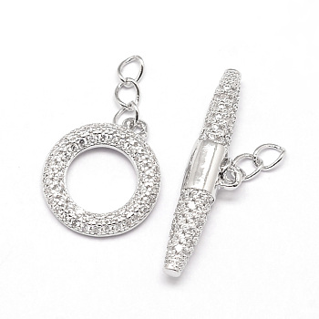 Brass Micro Pave Cubic Zirconia Ring Toggle Clasps, Cadmium Free & Nickel Free & Lead Free, Real Platinum Plated, toggle: 16x14x2mm, Hole: 3x2mm, Bar: 6x26x4mm, Hole: 3x2mm.