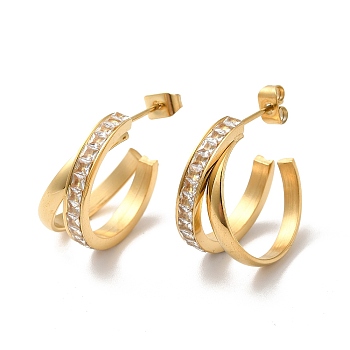 Crystal Rhinestone Criss Cross Stud Earrings, Ion Plating(IP)304 Stainless Steel Half Hoop Earrings for Women, Golden, 21x21x10mm, Pin: 0.8mm