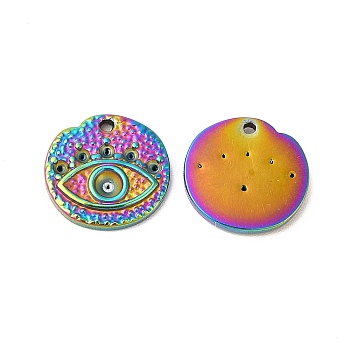Ion Plating(IP) 304 Stainless Steel Pendant Rhineatone Settings, Flat Round with Eye, Rainbow Color, Fit for 1.4mm and 3mm Rhinestone, 13.5x2mm, Hole: 1mm