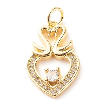 Brass Micro Pave Clear Cubic Zirconia Pendants, Cadmium Free & Lead Free, Heart with Double Swans, Real 18K Gold Plated, 24x12.5x3.5mm, Hole: 3.5mm