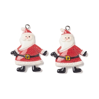 Opaque Resin Pendants, Christmas Charms, with Platinum Tone Iron Loops, Santa Claus, 36.5x27.5x5.5mm, Hole: 1.8mm