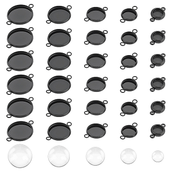 DIY Blank Dome Connector Charm Making Kit, Including 304 Stainless Steel Flat Round Links Connectors Settings, Glass Cabochons, Electrophoresis Black, 60Pcs/box