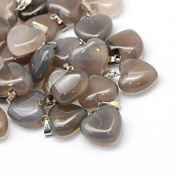 Heart Natural Grey Agate Pendants, with Platinum Tone Brass Findings, 17~19x15~16x5~8mm, Hole: 2x7mm
