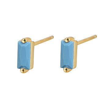 Cubic Zirconia Rectangle Stud Earrings, Golden 925 Sterling Silver Post Earrings, with 925 Stamp, Sky Blue, 7.8x3mm