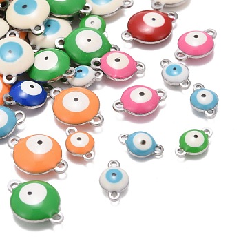 304 Stainless Steel Enamel Links Connectors, Flat Round with Evil Eye, Mixed Color, 9.5~14.5x6~10x3.5~4.5mm, Hole: 1.2~1.4mm