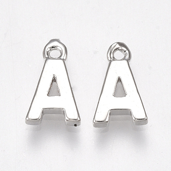 Brass Charms, Letter, Nickel Free, Real Platinum Plated, Letter.A, 8.5x5x1.5mm, Hole: 0.8mm